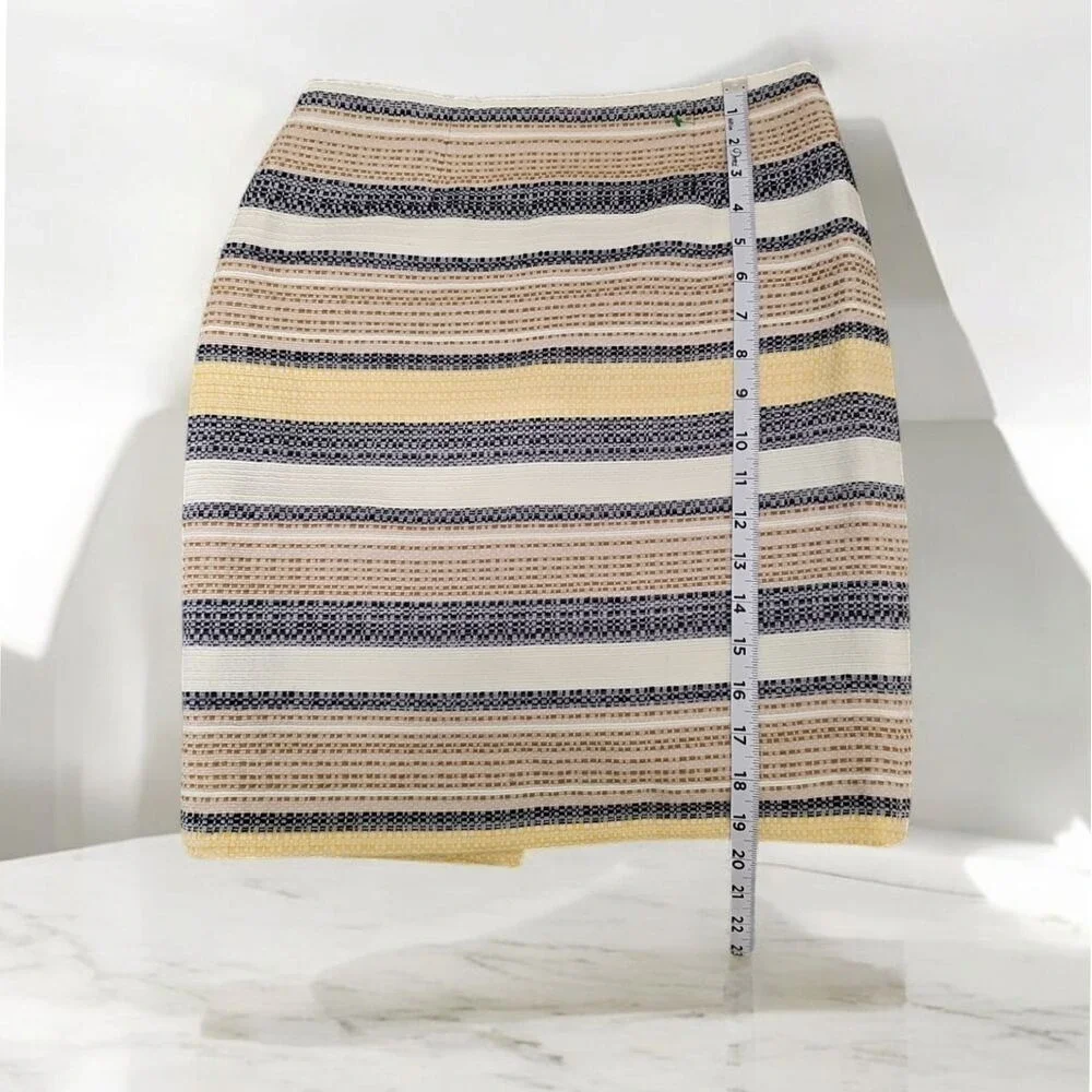 Etcetera Striped‎ Textured Pencil Skirt Navy Beige Yellow Professional 0Nwot